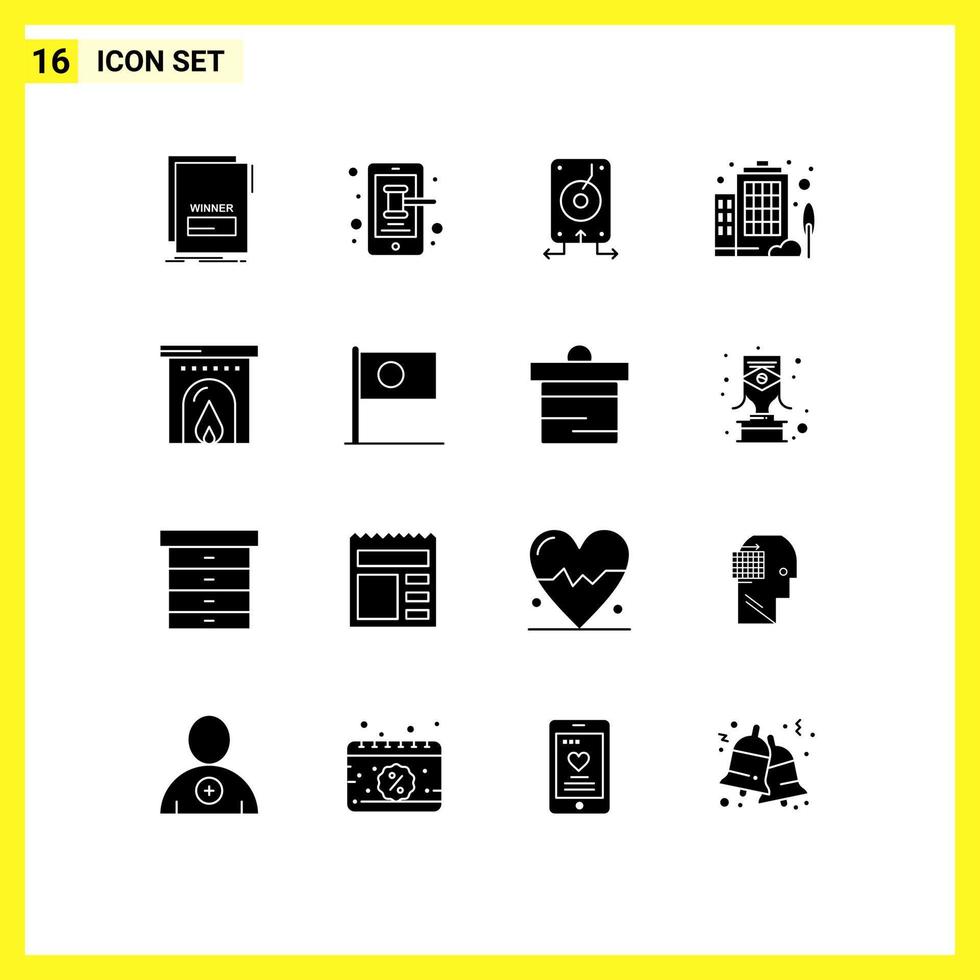 User Interface Pack of 16 Basic Solid Glyphs of hotel enterprise trade building server Editable Vector Design Elements