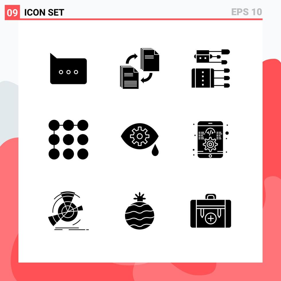 Group of 9 Solid Glyphs Signs and Symbols for eye security acupuncture pattern spa Editable Vector Design Elements