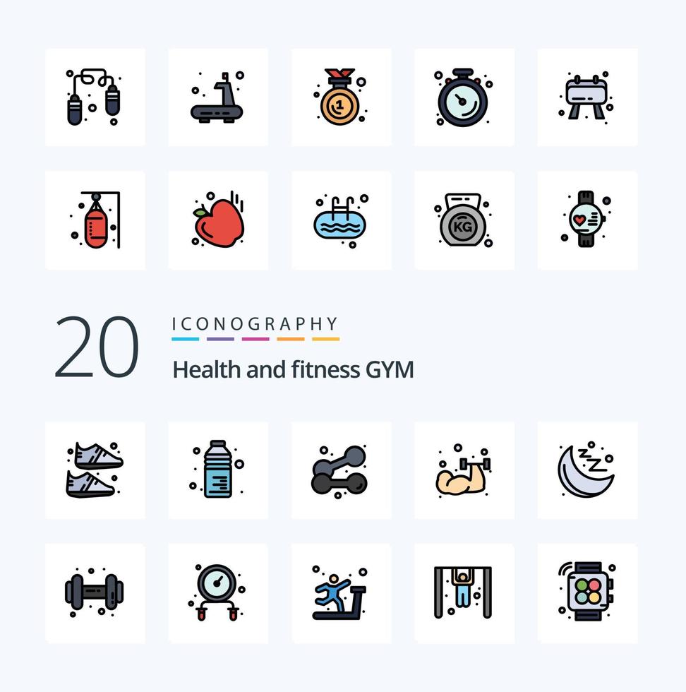 20 Gym Line Filled Color icon Pack like dum moon dumbbell health vector