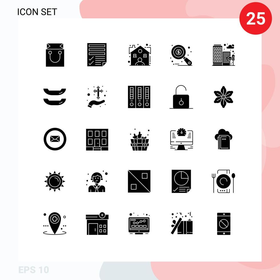 Universal Icon Symbols Group of 25 Modern Solid Glyphs of building data analysis report auditing dealer Editable Vector Design Elements