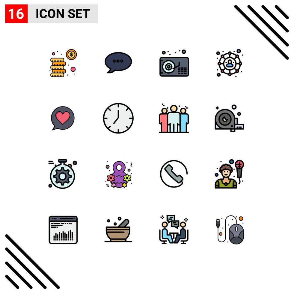 Pictogram Set of 16 Simple Flat Color Filled Lines of media heart gramophone love social network Editable Creative Vector Design Elements
