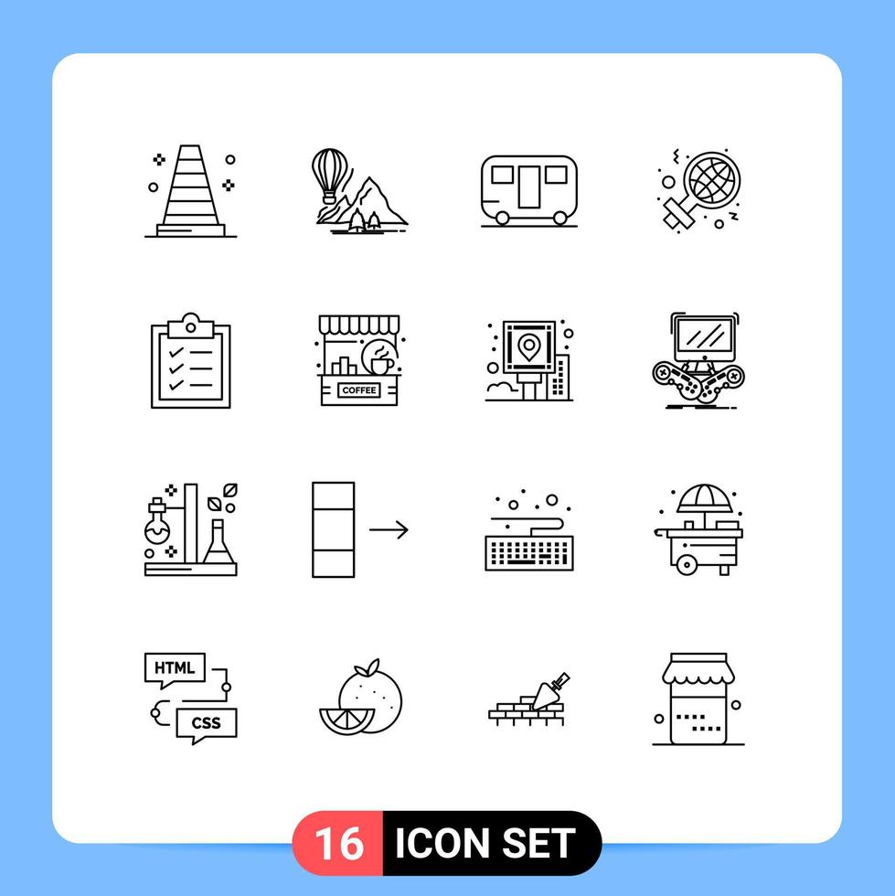 Set of 16 Modern UI Icons Symbols Signs for list sign caravan woman day Editable Vector Design Elements