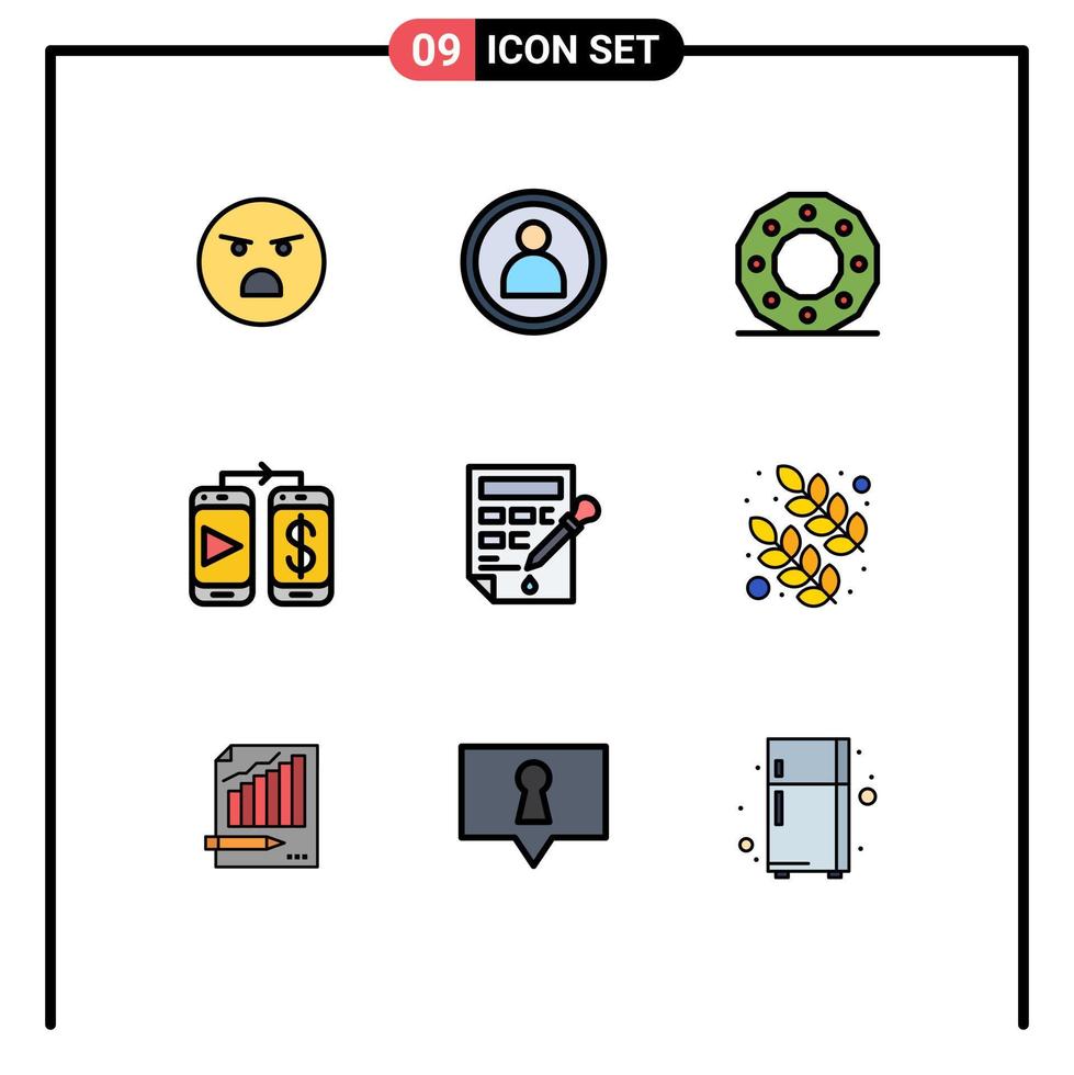 paquete de 9 signos y símbolos de colores planos de línea de relleno modernos para medios de impresión web, como elementos de diseño de vectores editables móviles de dinero de navidad de cubo de color
