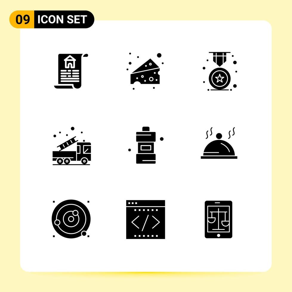 Universal Icon Symbols Group of 9 Modern Solid Glyphs of cleaning bathroom education truck fire Editable Vector Design Elements
