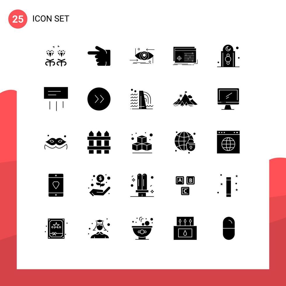 conjunto moderno de 25 pictogramas de glifos sólidos de procesamiento de software tecnología avanzada de objetos elementos de diseño de vectores editables