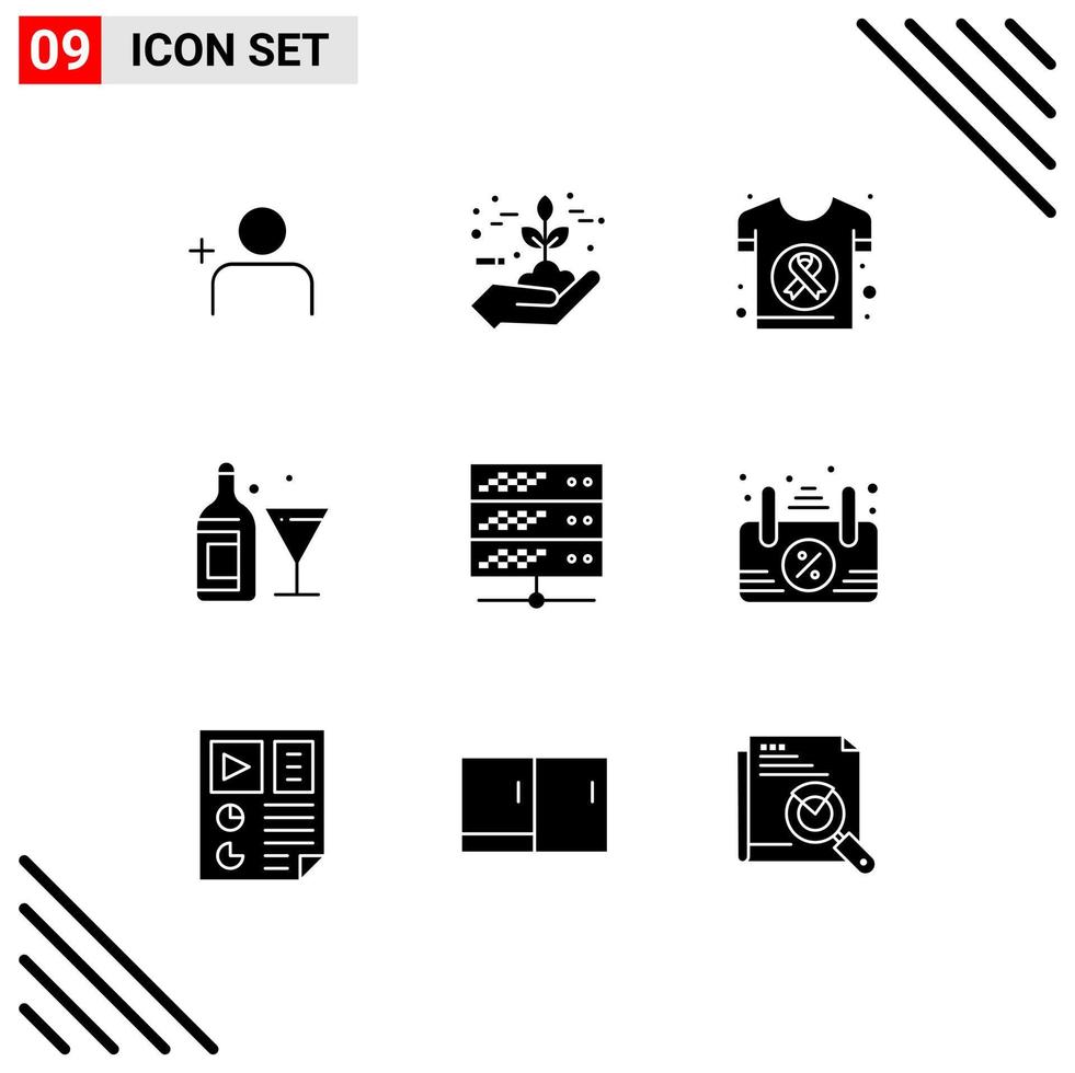 Group of 9 Solid Glyphs Signs and Symbols for hosting bottle world drink shirt Editable Vector Design Elements