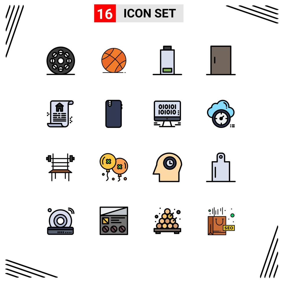 Modern Set of 16 Flat Color Filled Lines and symbols such as real document battery home appliances furniture Editable Creative Vector Design Elements