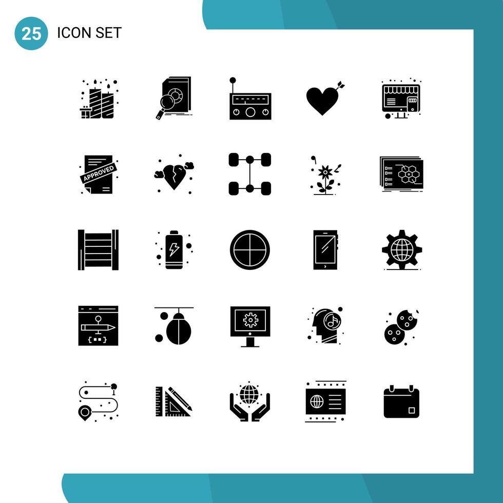 Set of 25 Vector Solid Glyphs on Grid for online love research heart radio Editable Vector Design Elements