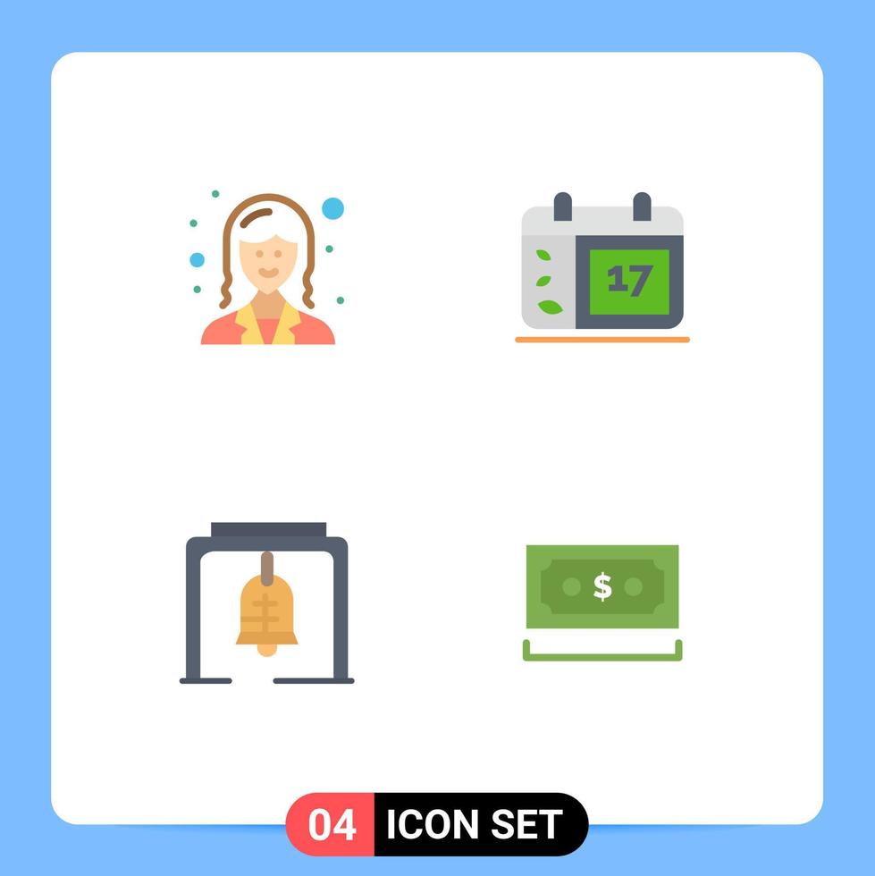 4 Thematic Vector Flat Icons and Editable Symbols of business bell lady date church bell Editable Vector Design Elements