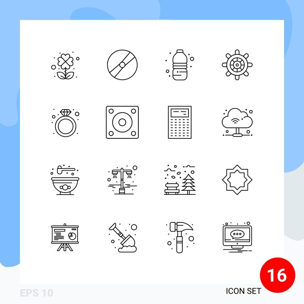 16 Universal Outlines Set for Web and Mobile Applications ring diamond bottle wheel boat Editable Vector Design Elements