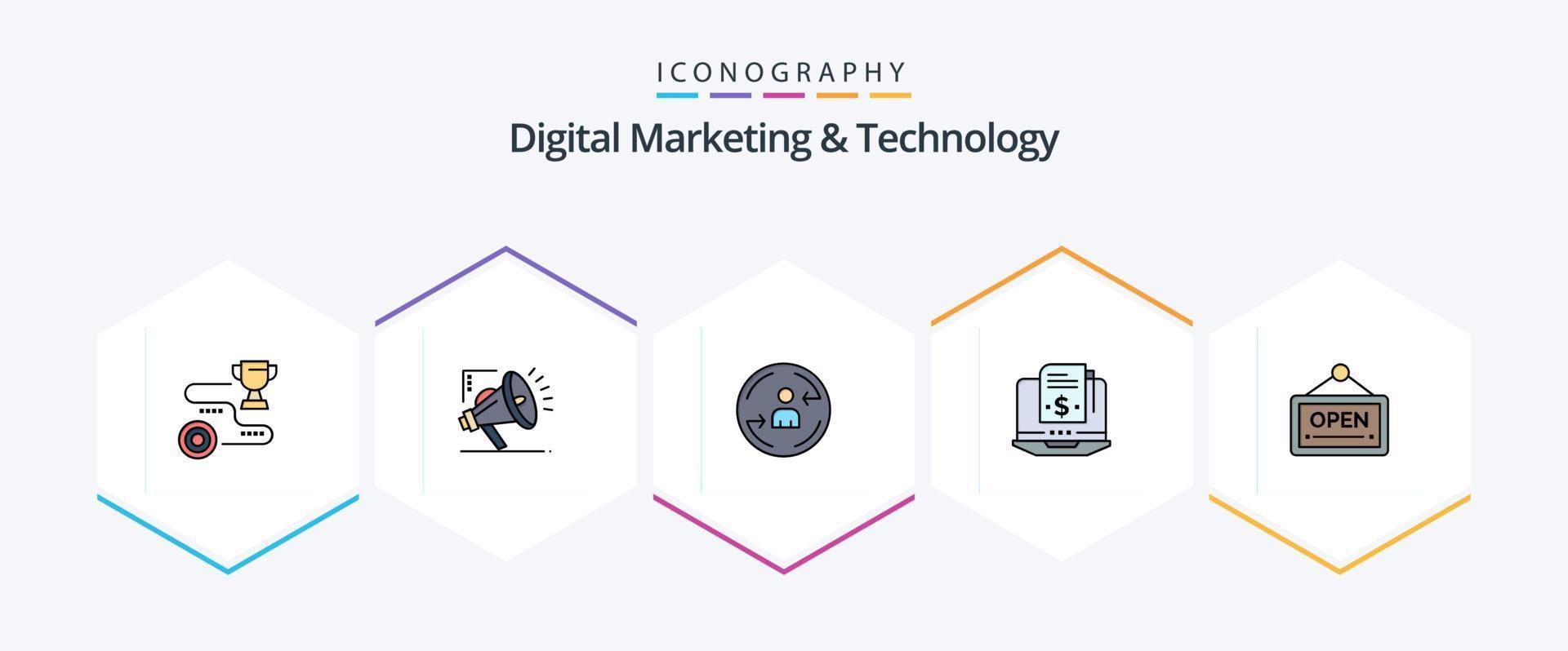 Digital Marketing And Technology 25 FilledLine icon pack including open. subscription model. digital. model. marketing vector