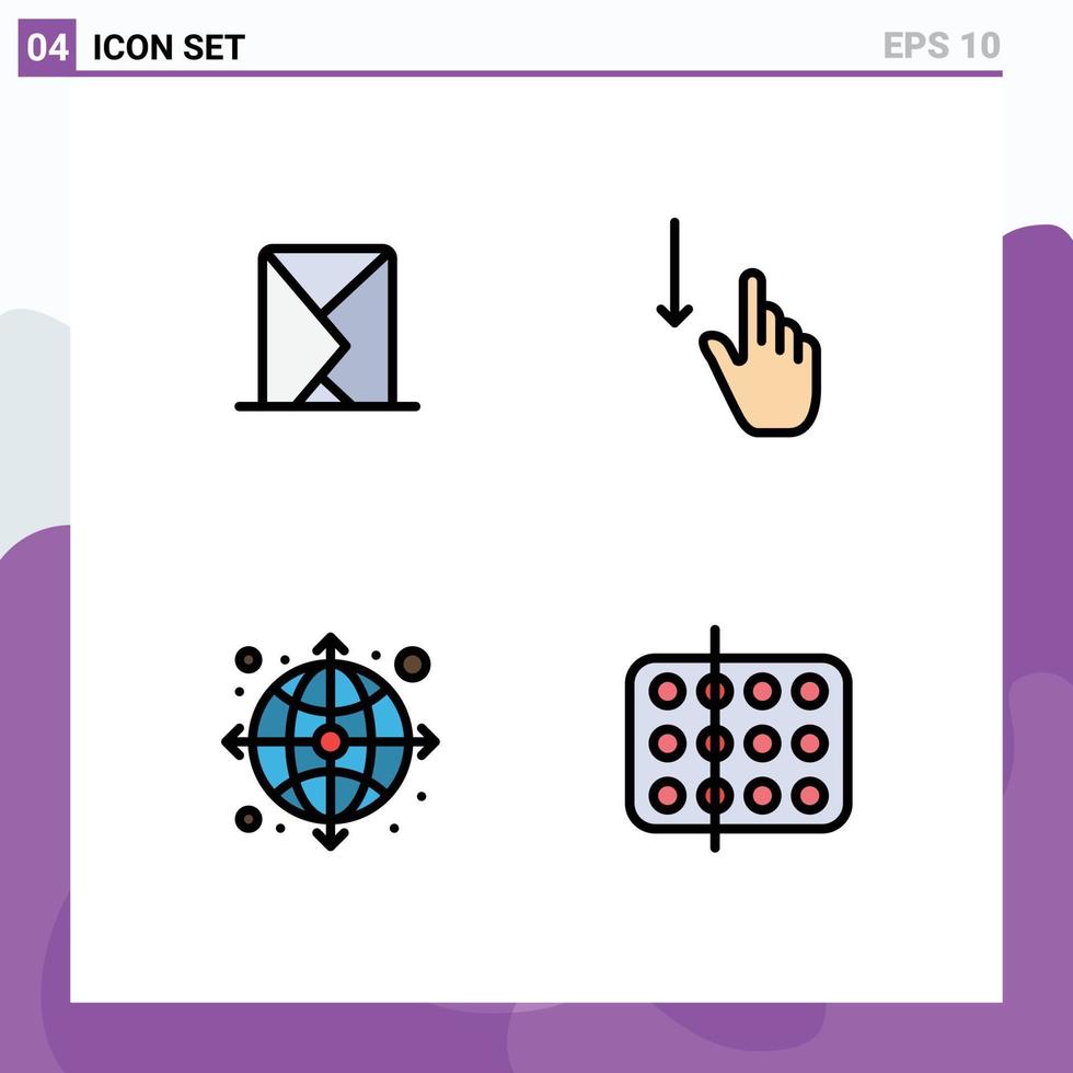 Set of 4 Commercial Filledline Flat Colors pack for email hand message finger globe Editable Vector Design Elements
