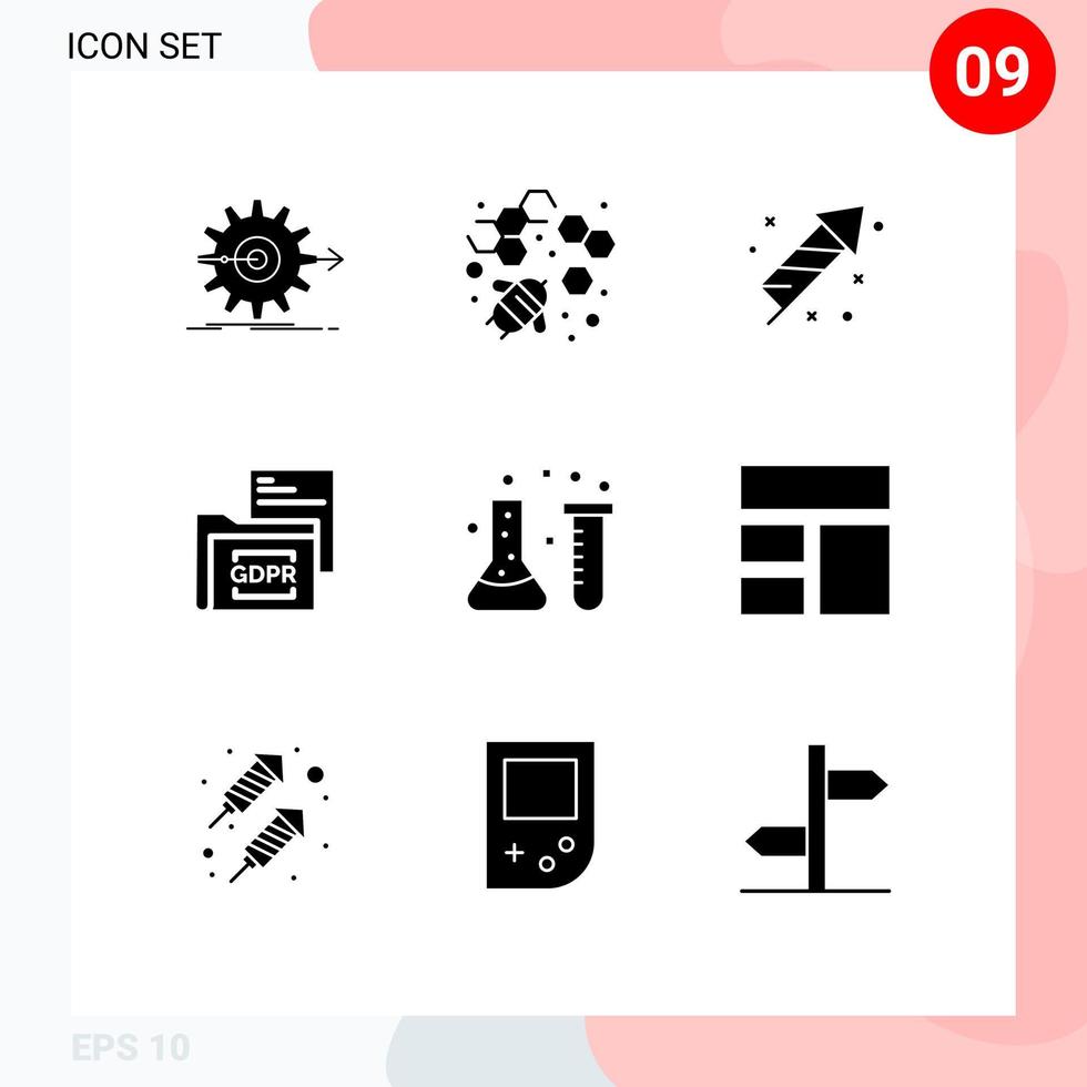 9 User Interface Solid Glyph Pack of modern Signs and Symbols of acid folder fire work file data Editable Vector Design Elements