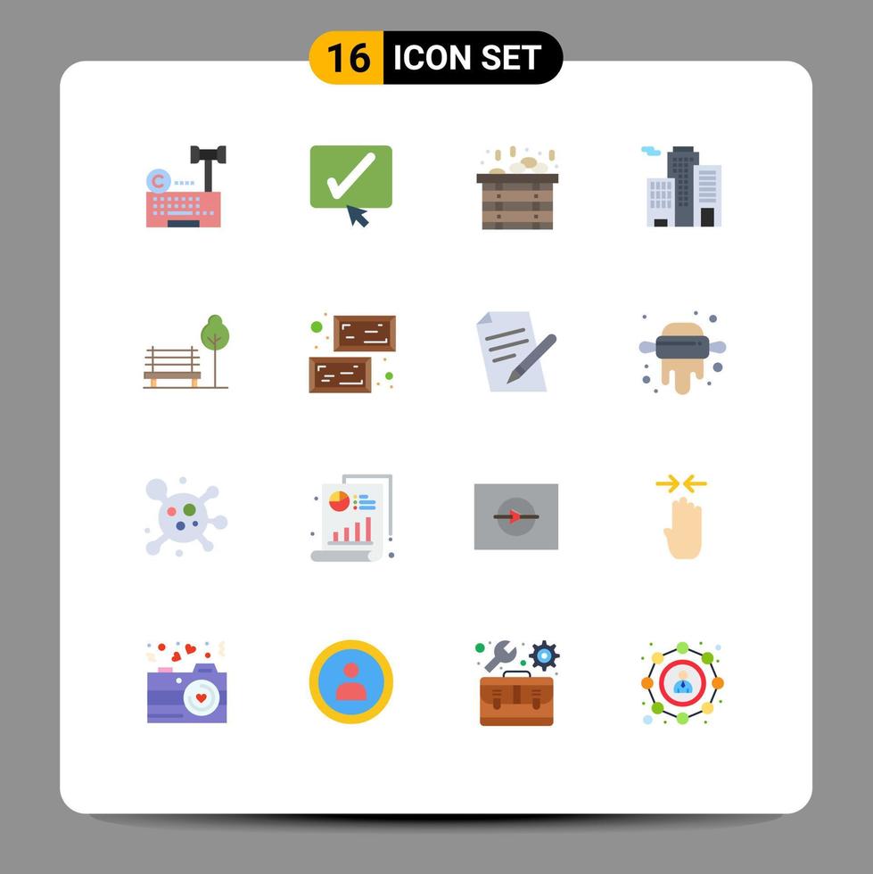 16 User Interface Flat Color Pack of modern Signs and Symbols of park banch tick office building Editable Pack of Creative Vector Design Elements