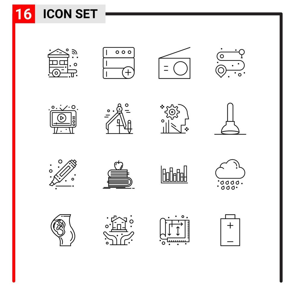 Mobile Interface Outline Set of 16 Pictograms of media ad appliances route point Editable Vector Design Elements