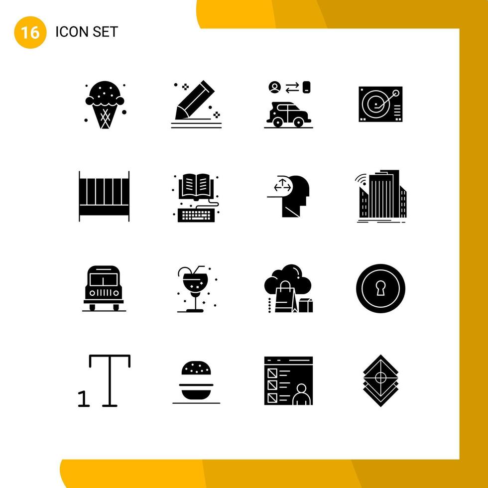 Set of 16 Vector Solid Glyphs on Grid for player device sketch deck man Editable Vector Design Elements