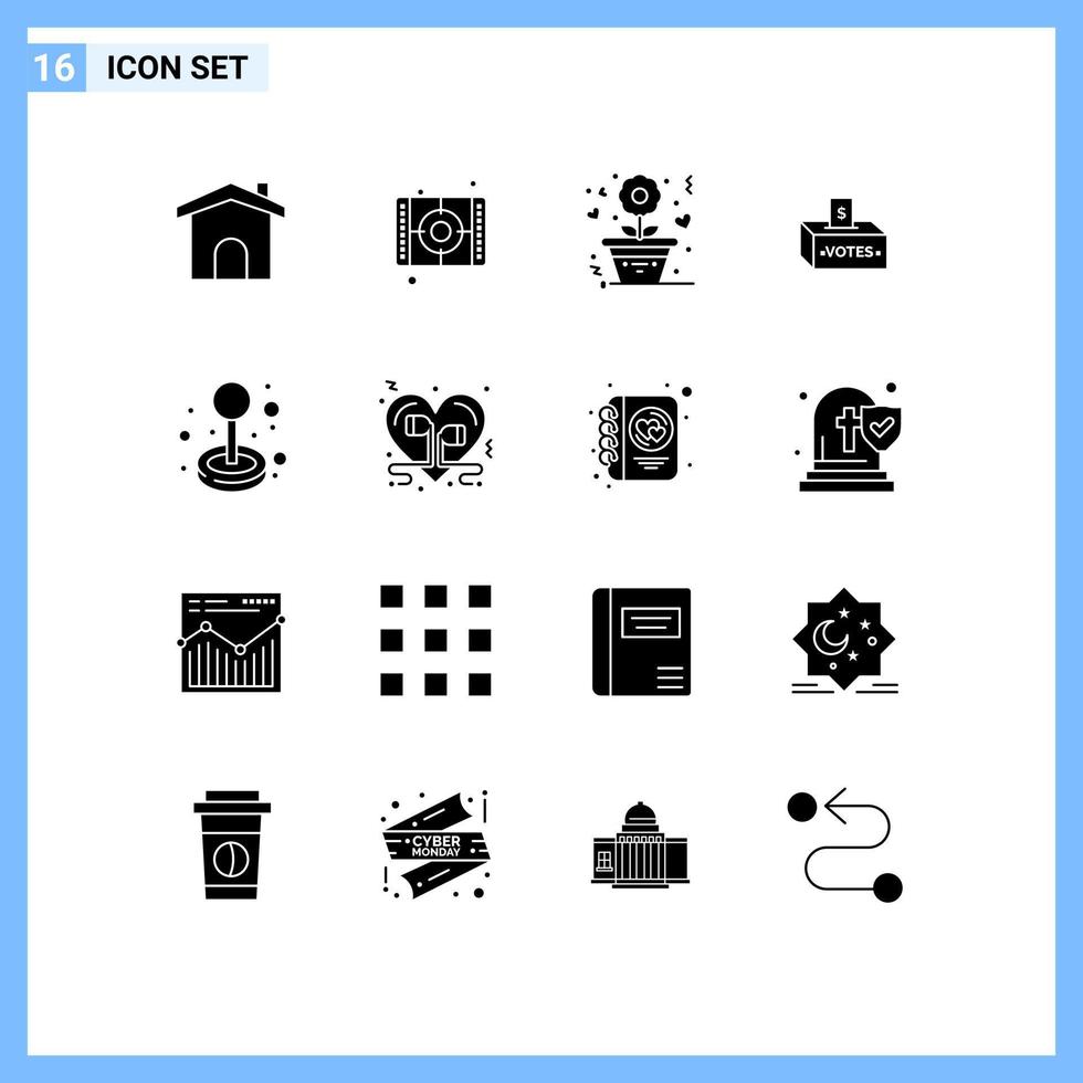 16 User Interface Solid Glyph Pack of modern Signs and Symbols of joystick influence flower election bribe Editable Vector Design Elements