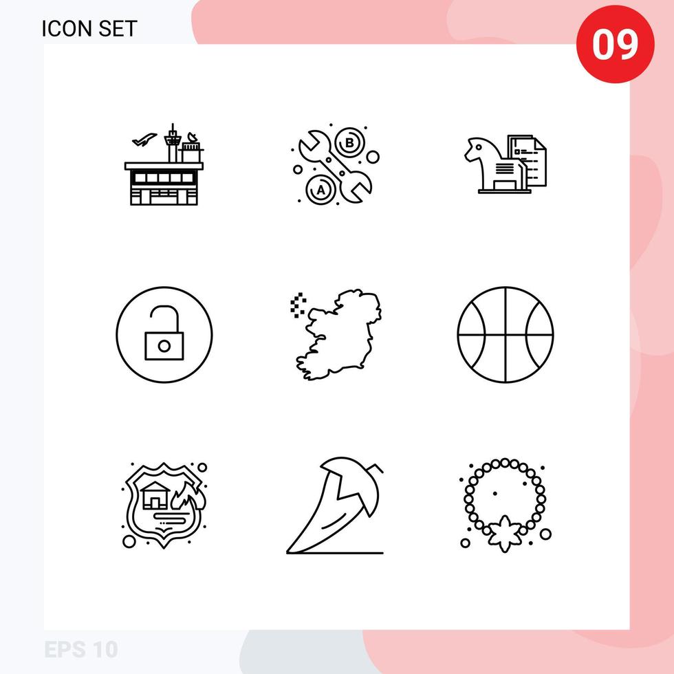 9 Universal Outlines Set for Web and Mobile Applications media player unlock wrench tactic chess Editable Vector Design Elements