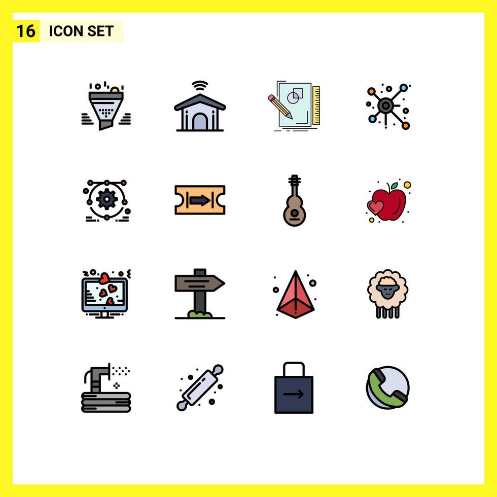 Modern Set of 16 Flat Color Filled Lines and symbols such as connection network technology distribute draw Editable Creative Vector Design Elements