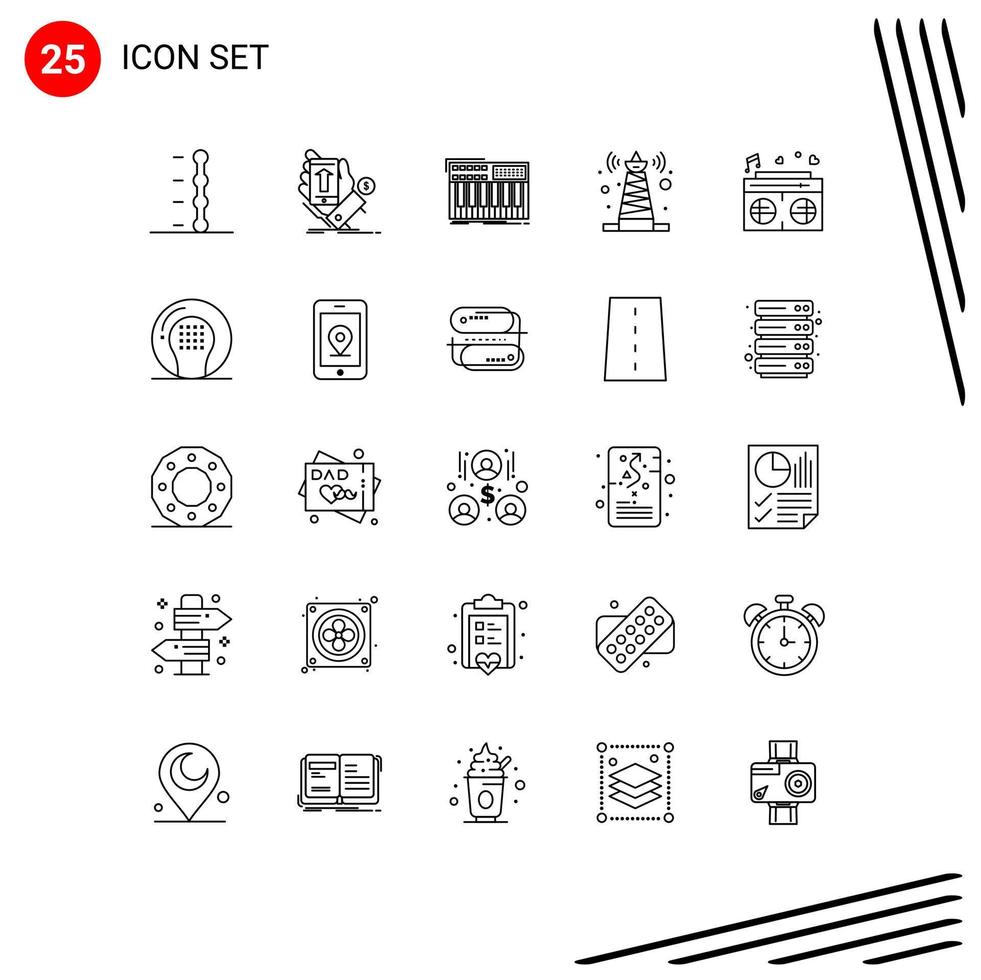 Pack of 25 creative Lines of radio tower synth technology synthesizer Editable Vector Design Elements