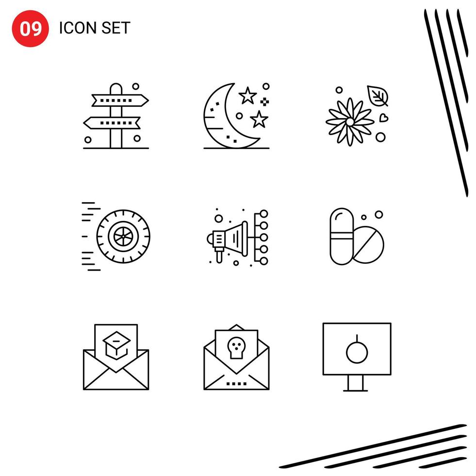 9 Universal Outline Signs Symbols of digital wheel party ride nature Editable Vector Design Elements