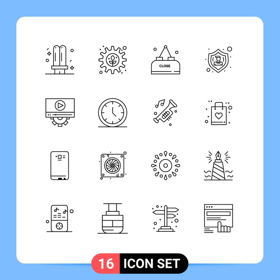 Modern Set of 16 Outlines Pictograph of video protect setting people close Editable Vector Design Elements