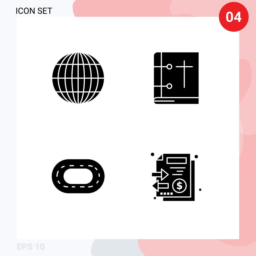 Set of 4 Vector Solid Glyphs on Grid for global track bible holy book documents Editable Vector Design Elements