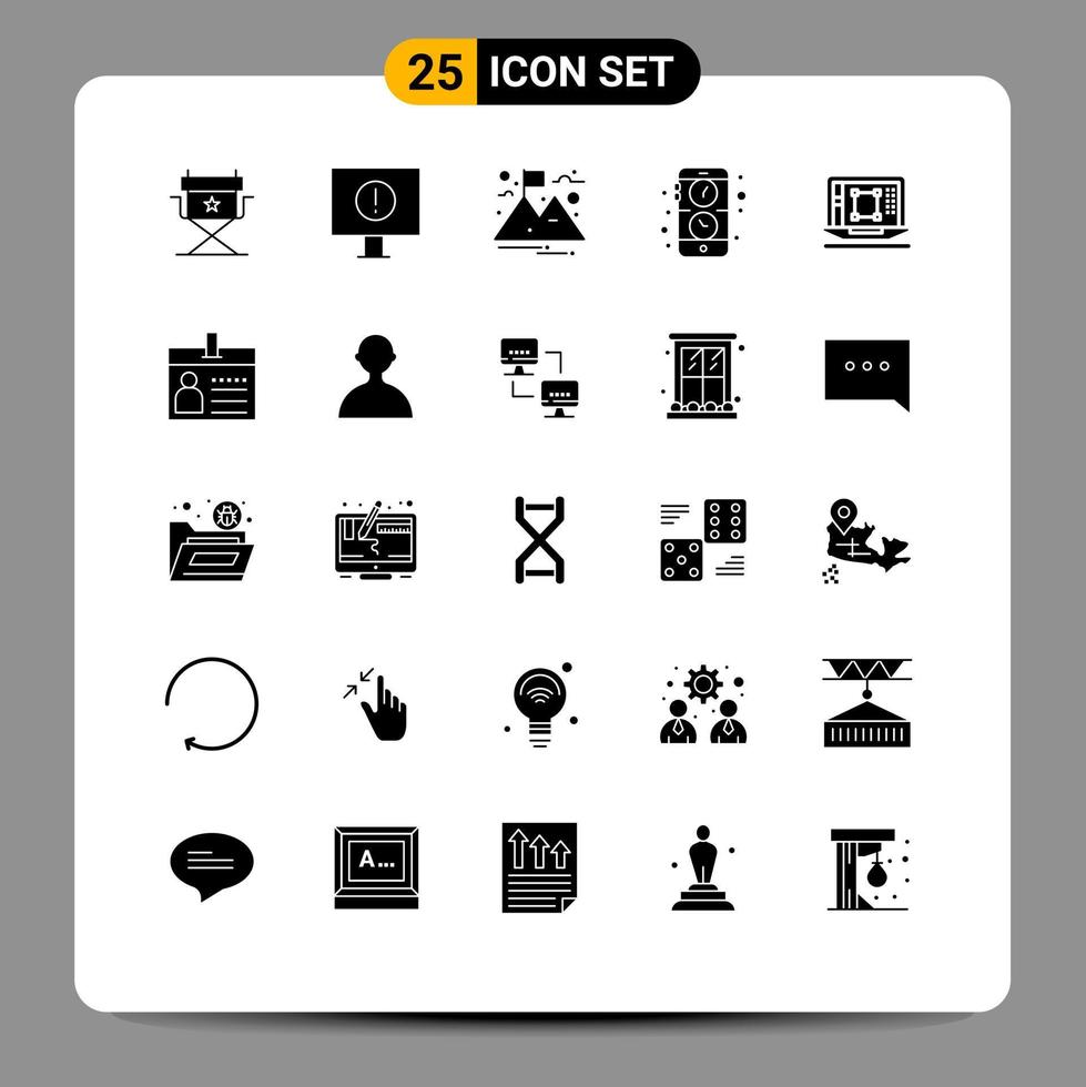 User Interface Pack of 25 Basic Solid Glyphs of increase designing tool mountain decrease watch Editable Vector Design Elements