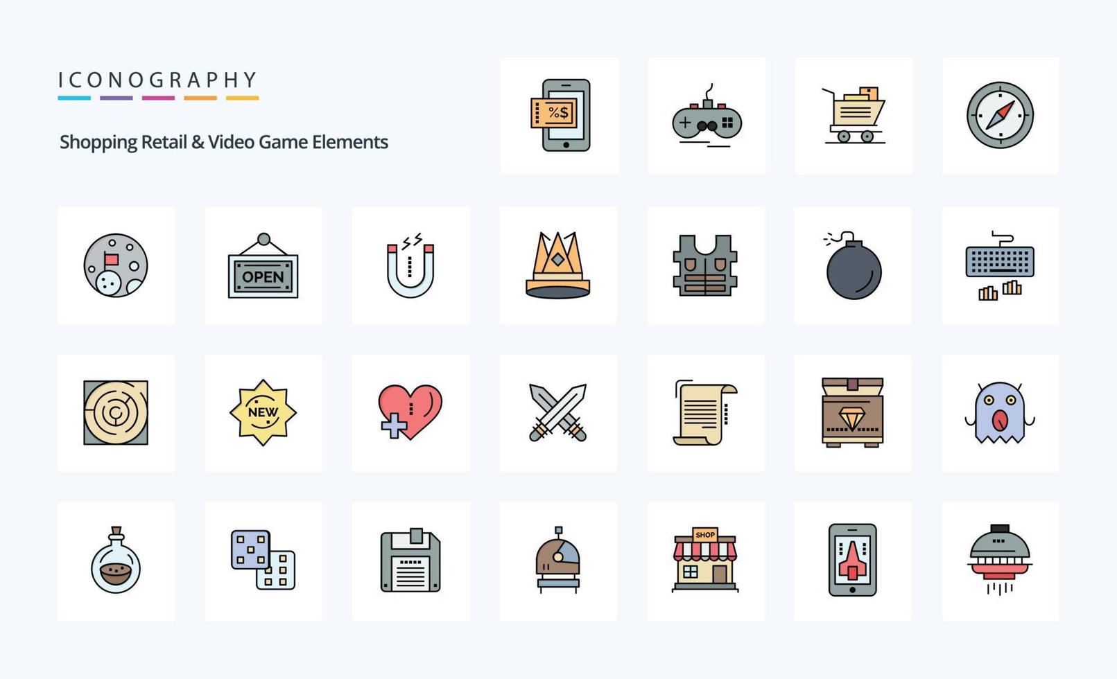 25 Shoping Retail And Video Game Elements Line Filled Style icon pack vector