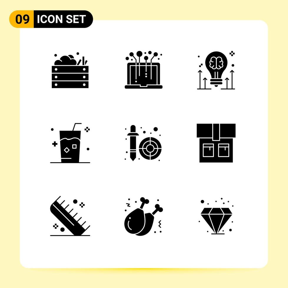 Pack of 9 Modern Solid Glyphs Signs and Symbols for Web Print Media such as juice fresh system drink idea Editable Vector Design Elements