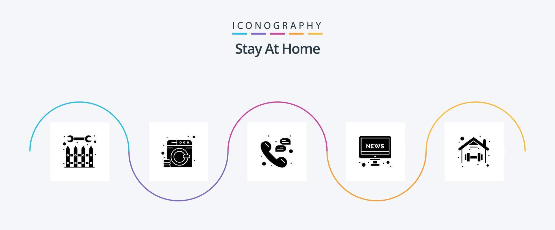 Stay At Home Glyph 5 Icon Pack Including tv. news. service. support. messages vector