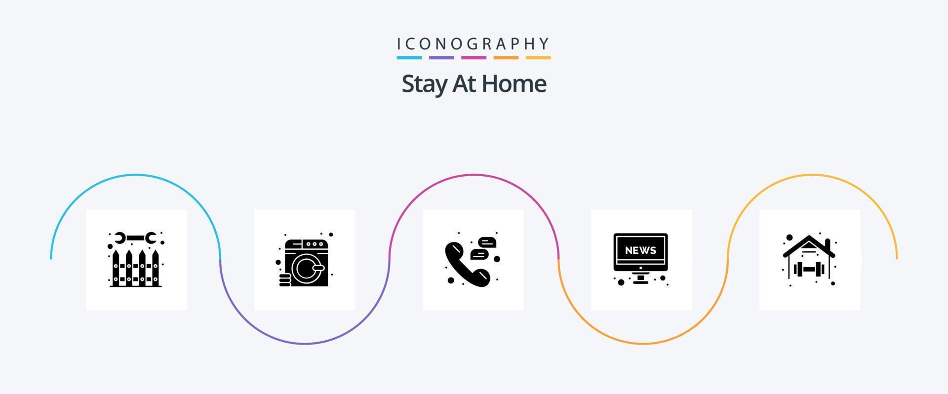 permanecer en casa paquete de iconos de glifo 5 que incluye tv. Noticias. Servicio. apoyo. mensajes vector