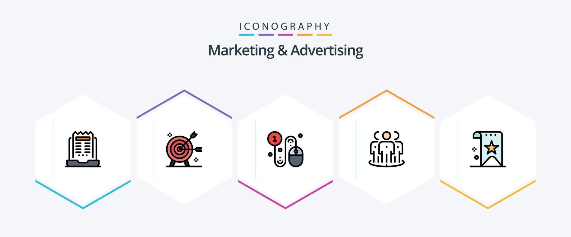 paquete de iconos de 25 líneas completas de marketing y publicidad que incluye el enfoque. publicidad. marketing. pago por clic. hacer clic vector
