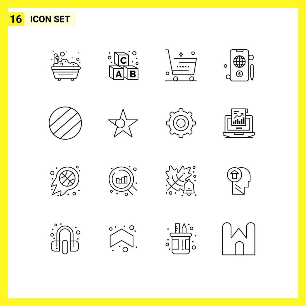 Group of 16 Modern Outlines Set for bangladesh dollar cart globe shopping Editable Vector Design Elements