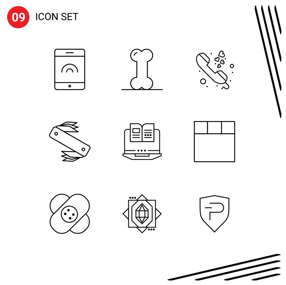 Pack of 9 Modern Outlines Signs and Symbols for Web Print Media such as book laptop love pocket camping Editable Vector Design Elements