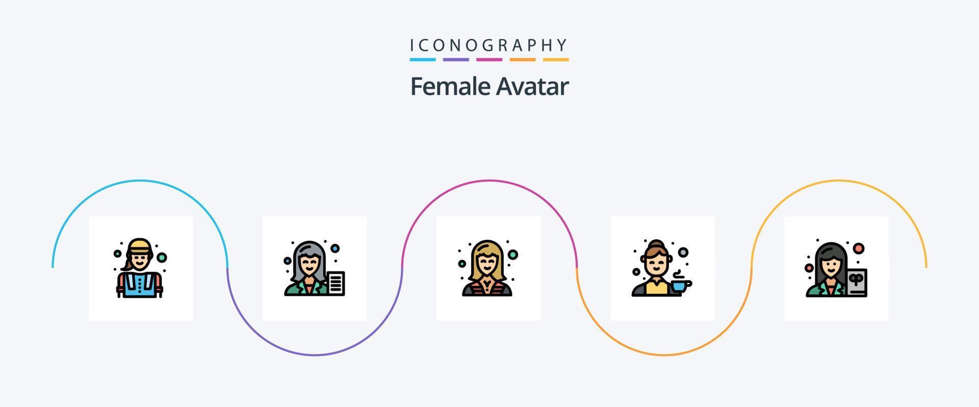 paquete de iconos de 5 planos llenos de línea de avatar femenino que incluye cocina. cocinero. escritor. avatar. técnico vector