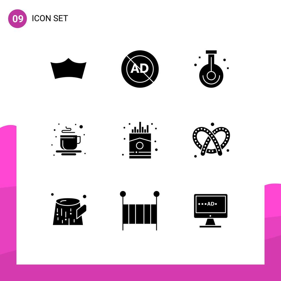 Set of 9 Vector Solid Glyphs on Grid for tea place hot block cup research Editable Vector Design Elements