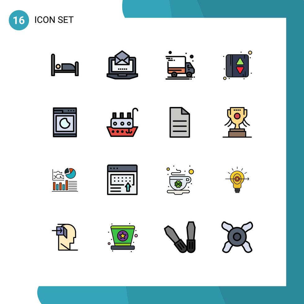 16 Universal Flat Color Filled Lines Set for Web and Mobile Applications fisherman wash delivery van machine elevator indication Editable Creative Vector Design Elements