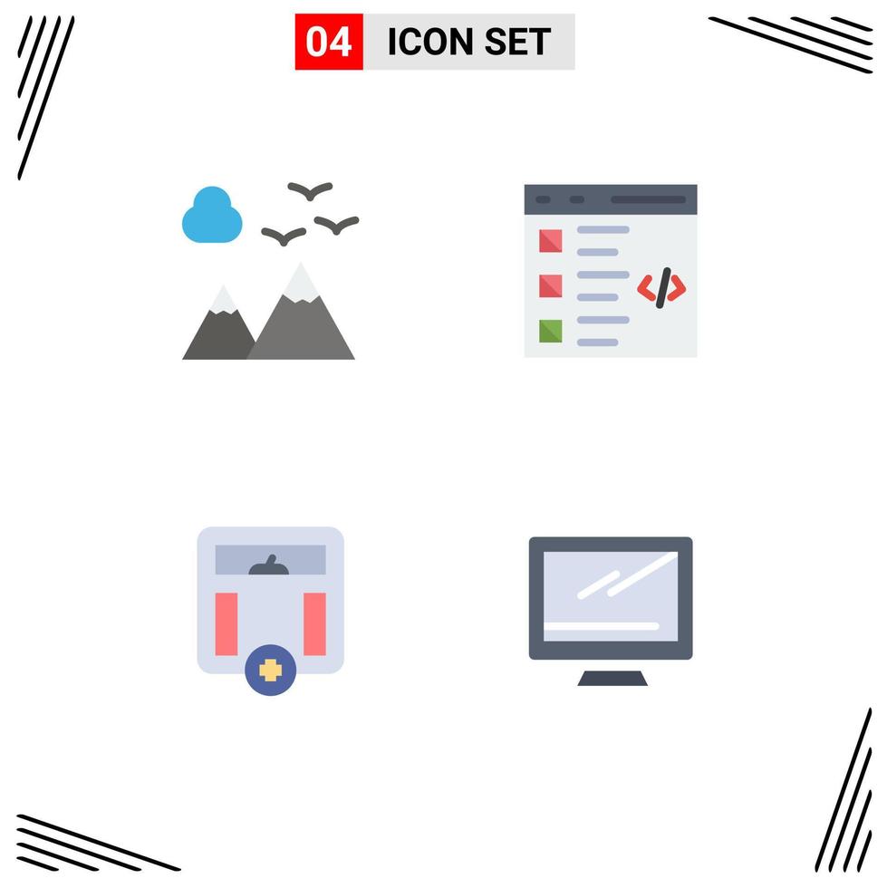 conjunto de iconos planos de interfaz móvil de 4 pictogramas de viajes corporales de montañas desarrollar elementos de diseño de vectores editables médicos