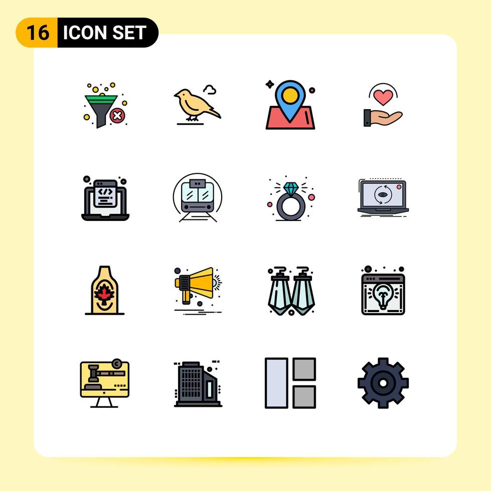 Mobile Interface Flat Color Filled Line Set of 16 Pictograms of html hand location heart medical Editable Creative Vector Design Elements