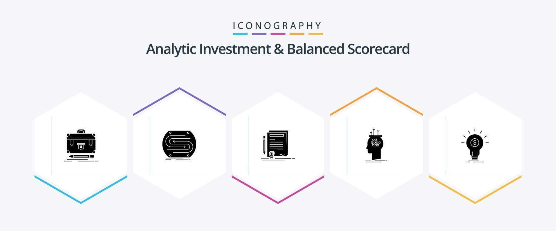 Analytic Investment And Balanced Scorecard 25 Glyph icon pack including conclusion. algorithm. match. document. contract vector