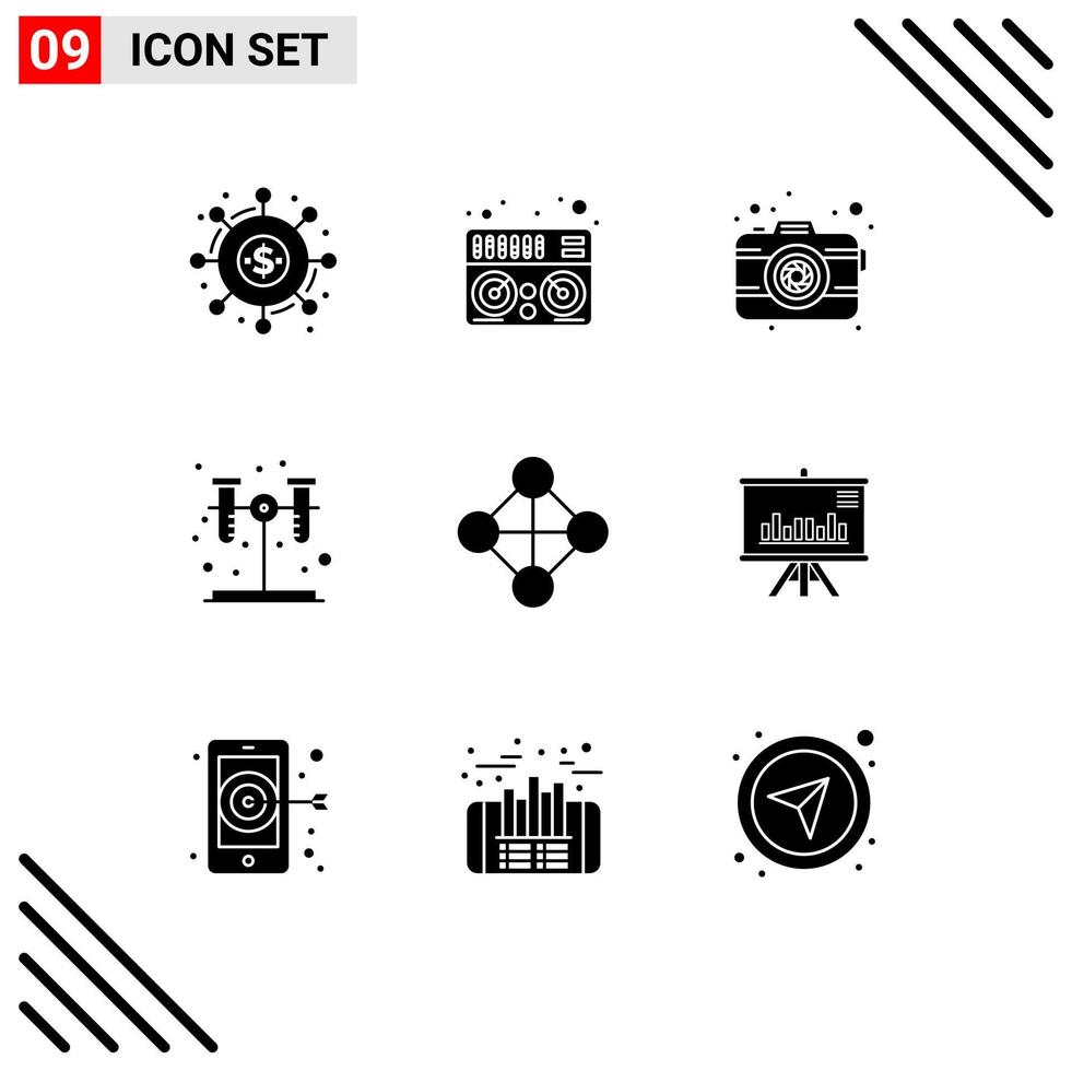 9 Universal Solid Glyph Signs Symbols of topology hierarchy camera tube chemistry Editable Vector Design Elements