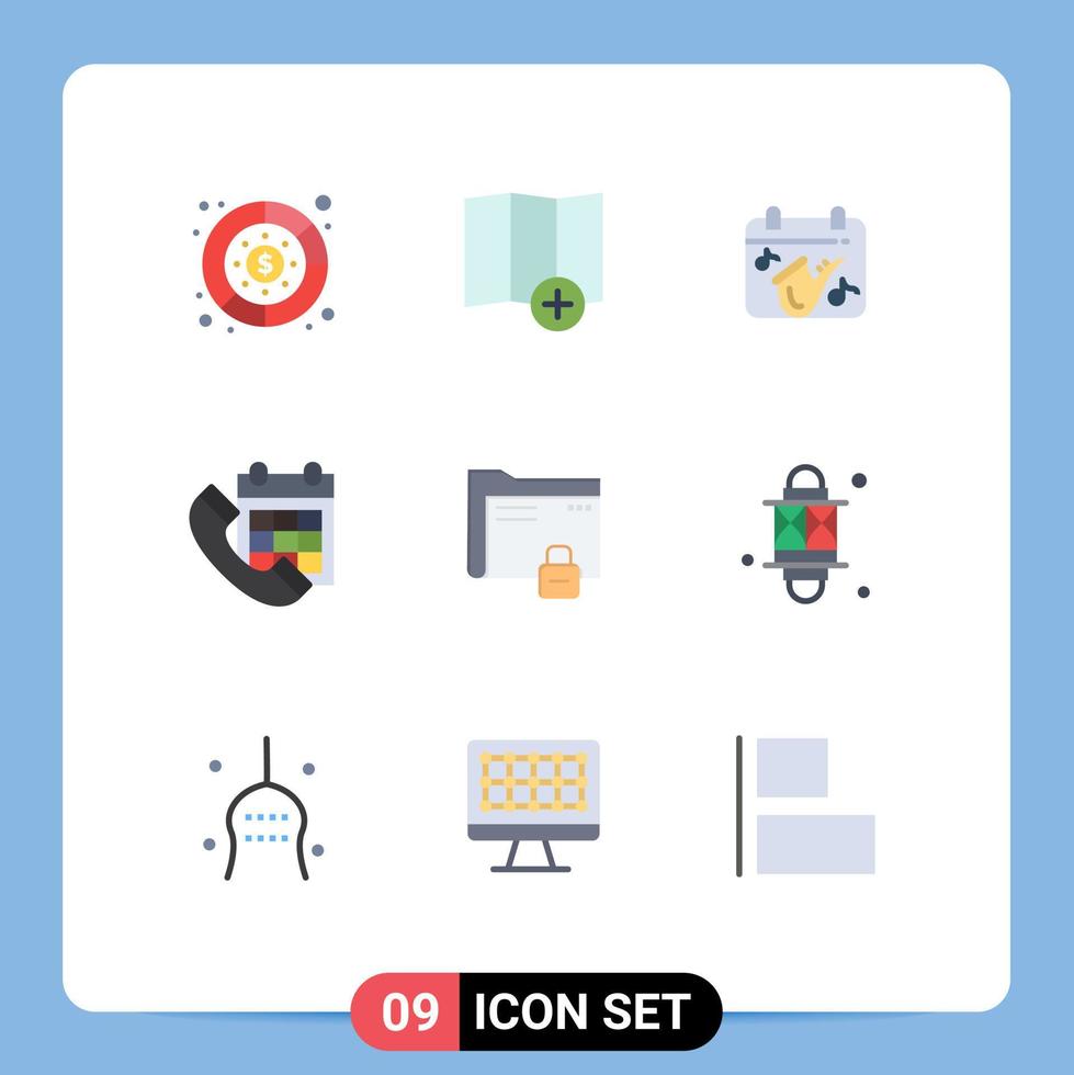 9 User Interface Flat Color Pack of modern Signs and Symbols of folder phone music date calendar Editable Vector Design Elements