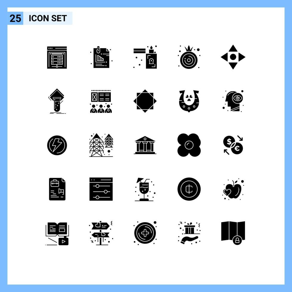 Mobile Interface Solid Glyph Set of 25 Pictograms of move vegetable pin onion zippo Editable Vector Design Elements