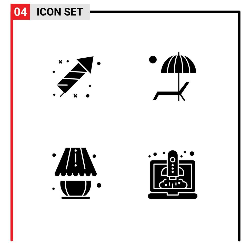 4 Universal Solid Glyphs Set for Web and Mobile Applications firecracker summer eid umbrella lamp Editable Vector Design Elements