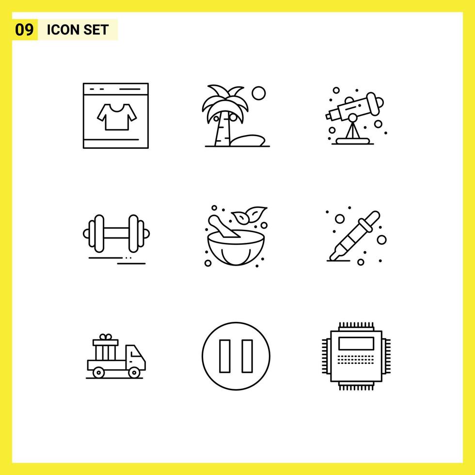 Group of 9 Outlines Signs and Symbols for pestle motivation summer sport dumbbell Editable Vector Design Elements