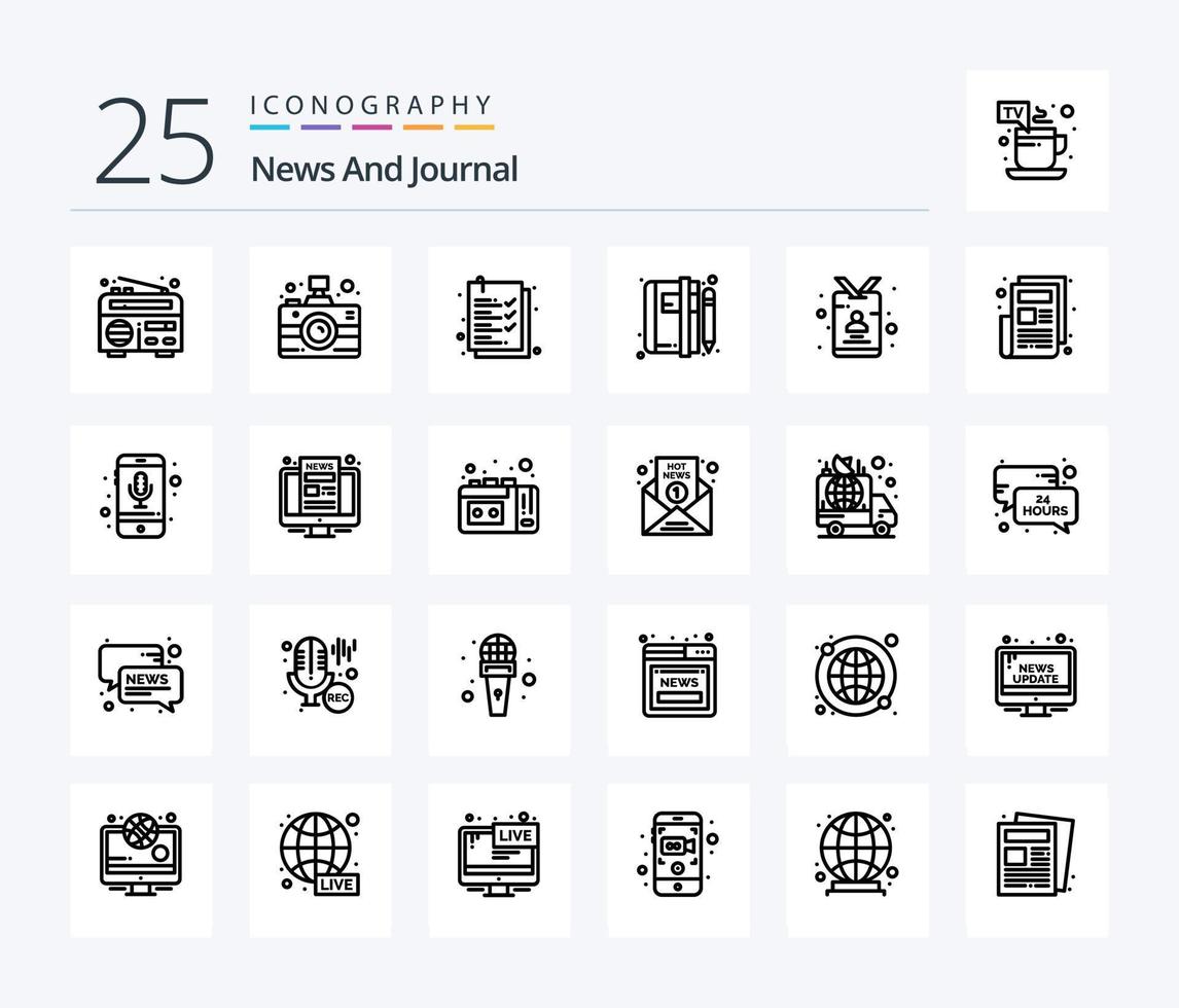 paquete de iconos de 25 líneas de noticias que incluye periodista. tarjeta. portapapeles. Noticias. artículo vector