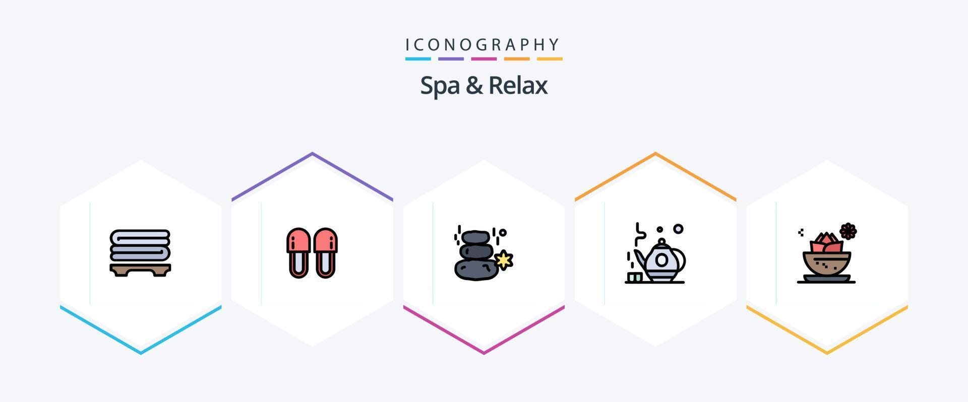 spa y relax paquete de iconos de 25 líneas completas que incluye local. té verde. natural. tetera. piedra vector