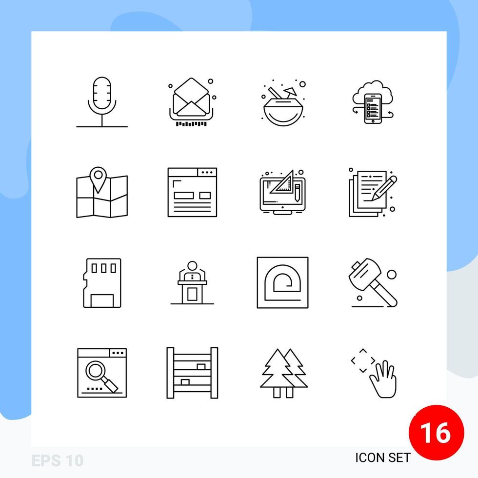 Pack of 16 Modern Outlines Signs and Symbols for Web Print Media such as clouds business inbox cloudstorage cocktail Editable Vector Design Elements