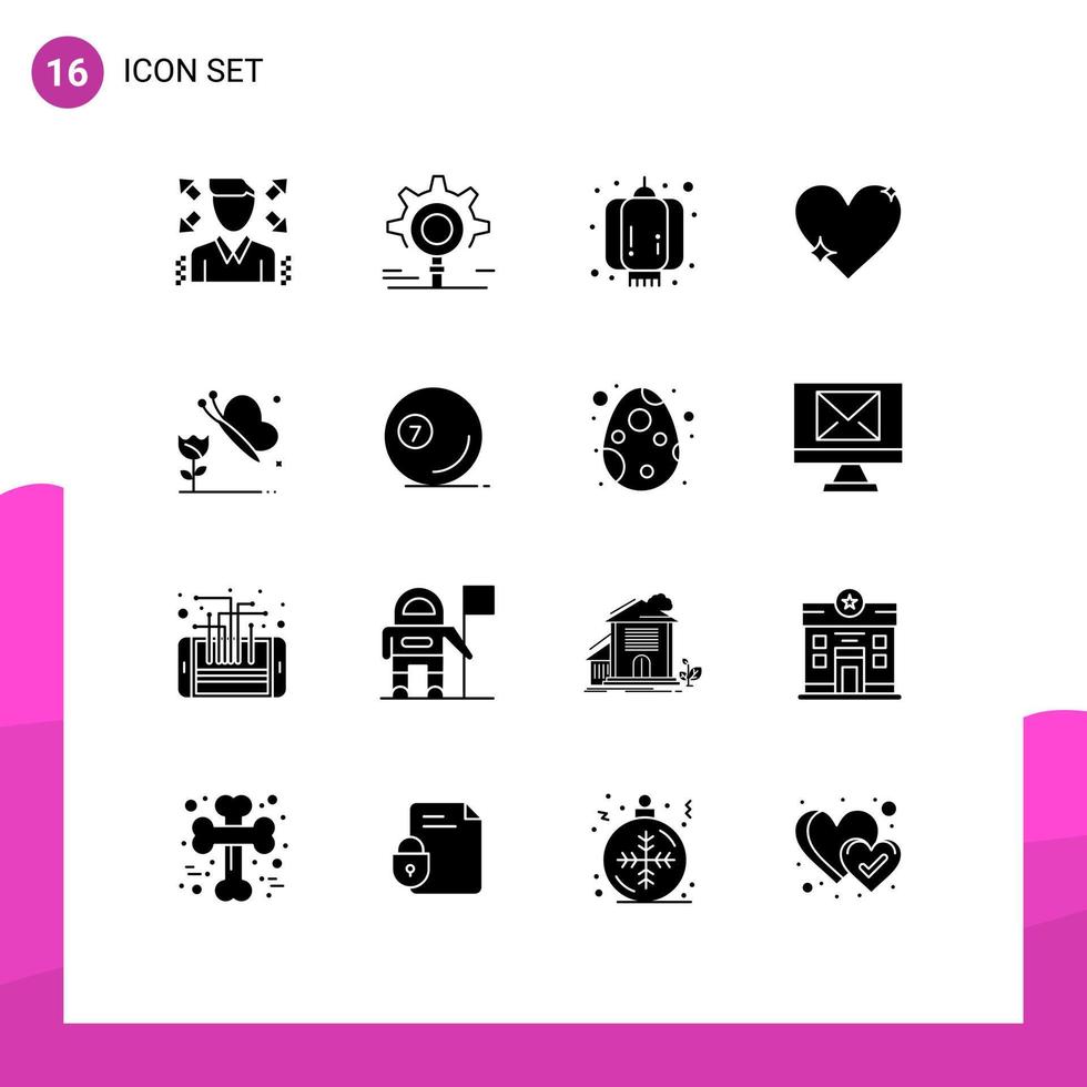 Set of 16 Commercial Solid Glyphs pack for flower report chinese favorite love Editable Vector Design Elements